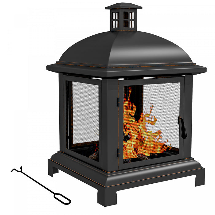 Outsunny 26\" Fire Pit With Poker, Chimney Style Wood Burning Firepit, Black