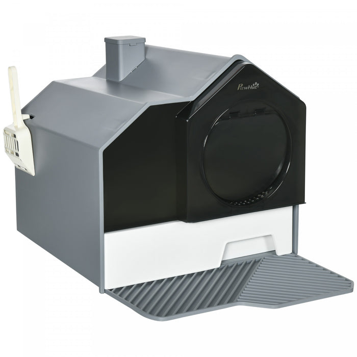 Pawhut Hooded Cat Litter Box With Lid, Kitty Litter Pan With Pull-out Drawer, Handle, Scoop, Deodorizer Packs For Odor Control & Easy-clean, Grey