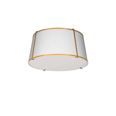 Dainolite Trapezoid 3 Light Flush Mount Tapered Drum Shaped Gold/White Shade White Fabric Diffuser Lamp|Plafonnier affleuré Trapezoid de Dainolite avec abat-jour cylindrique effilé doré et blanc qui diffuse la lumière, tissu blanc et 3 ampoules