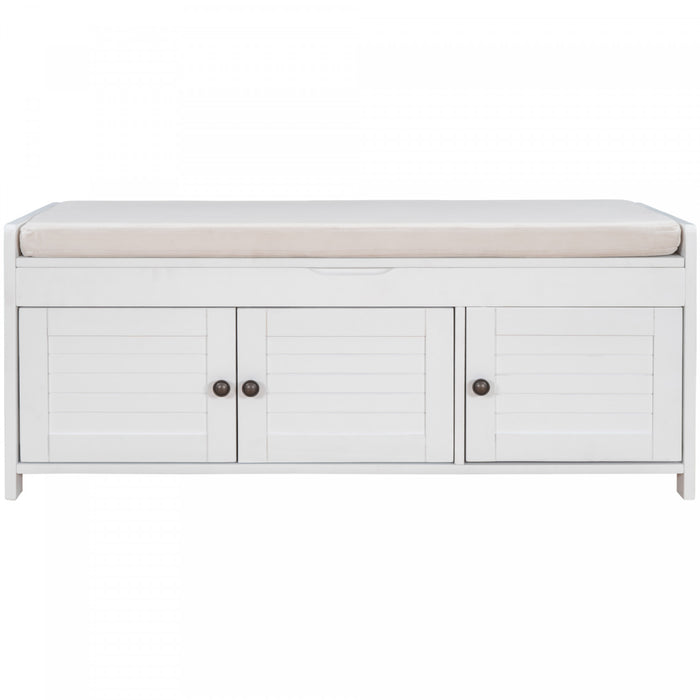 Olivia Pine Wood Storage Bench With 3-door Shoe Cabinet With Hidden Compartment - White