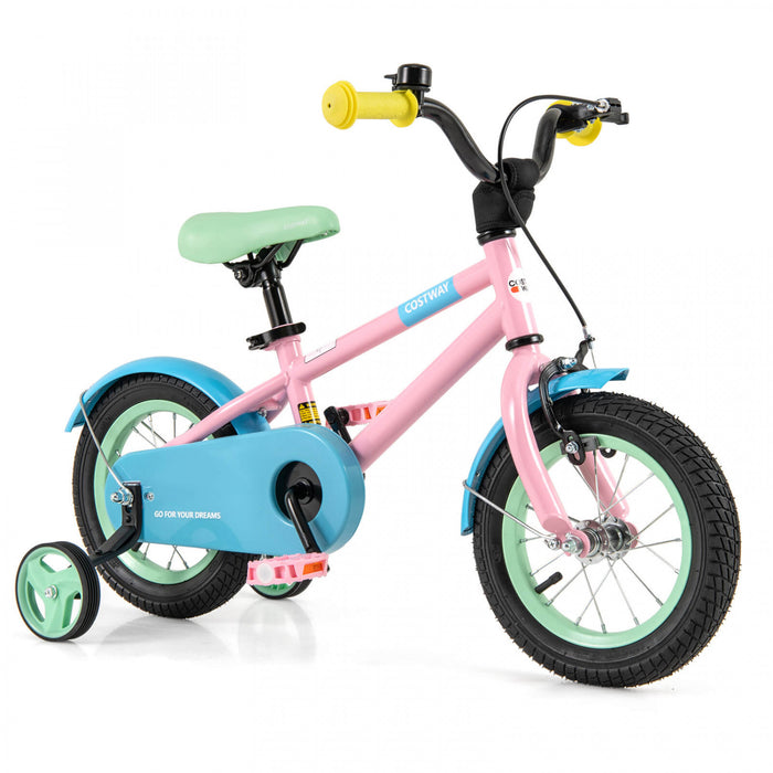Costway 12\" Kids Bike With Adjustable Saddle Handlebar Removable Training Wheels Handbrake Pink
