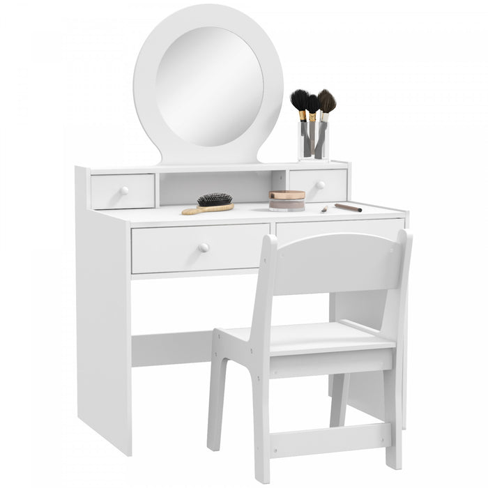 Qaba Kids Vanity Set, Children Dressing Table With Mirror, Kids Makeup Table With Stool And Storage Drawers, For Ages 3-8, White