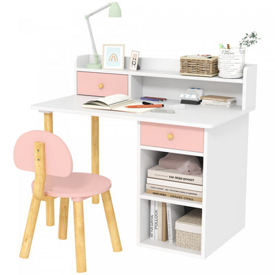 Qaba Kids Desk And Chair Set, 2 Pieces Kids Study Table And Chair Set For 3-8 Year Old, Writing Table For Bedroom, Study Room, With Storage And Shelves, Pink