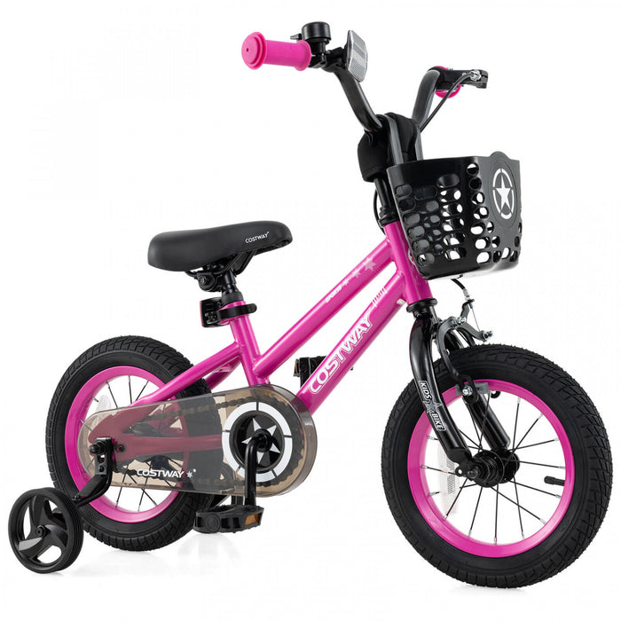 Costway 12\" Kid's Bike With Training Wheels Adjustable Handlebar & Seat Handbrake Pink