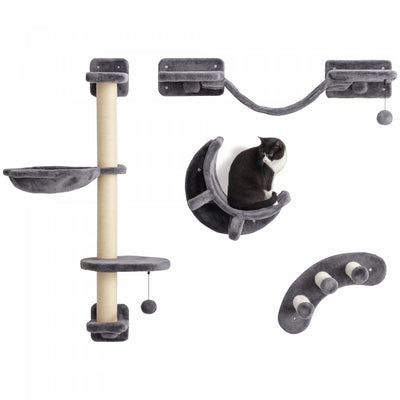 Pawhut 4pcs Cat Wall Shelf With Scratching Post, Cat Wall Shelves For Relaxing, Climbing, Cat Wall With Soft Ladder, Hammock, Play Balls, Dark Grey