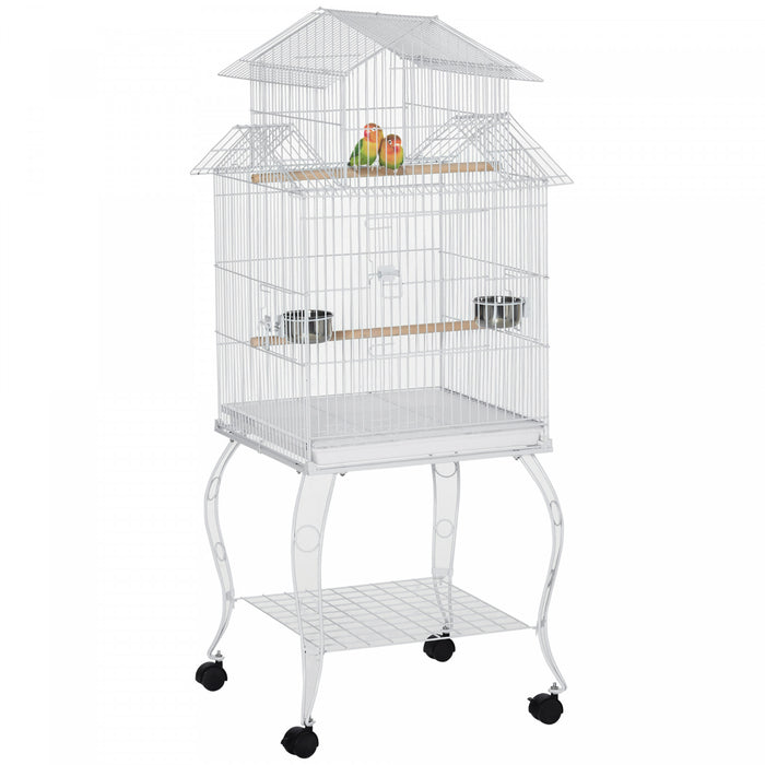 Pawhut 53.9'' Large Rolling Steel Bird Cage Bird House With Detachable Rolling Stand, Storage Shelf, Wood Perch, Food Container, White