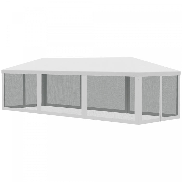 Outsunny 10' X 28' Party Tent Outdoor Canopy Garden Sun Shade With 8 Mosquito Mesh Netting And Zipper Door, White