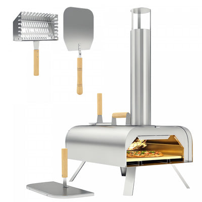 Outsunny Outdoor Pizza Oven, Portable Wood Pellet Pizza Oven with Pizza Stone and Peel, Foldable Legs, Chimney, 12 Inch Wood Fired Pizza Maker for Outdoor Cooking, Stainless Steel