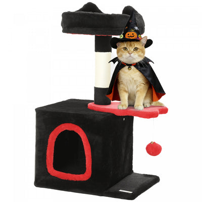 PawHut Gothic Cat Tree, 28" Cat Tower for Indoor Kittens with Plush Top Bed, Cozy Condo, Sisal Scratching Post, Perch, Dangling Ball, Red and Black
