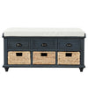 Harvey Solid Wood Storage Bench With Drawers And Rattan Baskets,antique Navy | Banc De Rangement Harvey En Bois Massif Avec Tiroirs Et Paniers En Rotin, Bleu Marine Antique