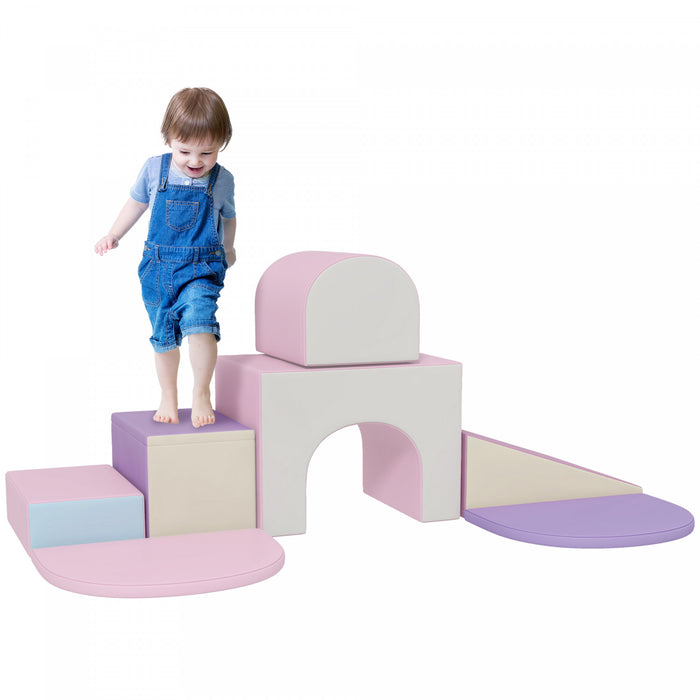 Qaba 7-piece Soft Play, Foam Climbing Blocks For Toddlers, Kids' Educational Climbing Crawling Toys, Kids Foam Play Set Stairs And Ramp,pink/purple