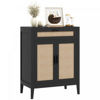 HOMCOM Boho Floor Storage Cabinet with Rattan Decorated Doors Drawer Black