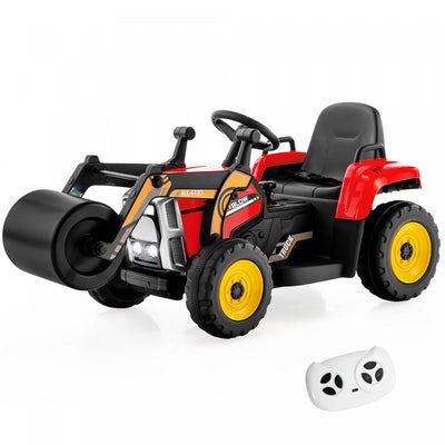 Costway Kids Ride On Road Roller 12v Electric Tractor Remote W/ Music & Led Light Red
