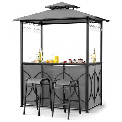 Costway 6.5 X 4 X 8 Ft Grill Gazebo Set With 2 Bar Stools, Tempered Glass Bar Table Gray