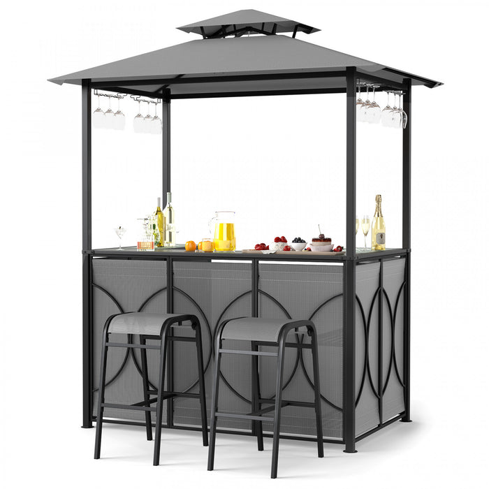 Costway 6.5 X 4 X 8 Ft Grill Gazebo Set With 2 Bar Stools, Tempered Glass Bar Table Gray