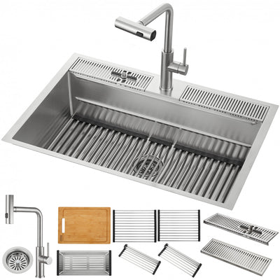 MultiSINK 33 in. Dual Mounted 3-Level Workstation Kitchen Sink, Faucet, Glass Rinser,Stainless Steel -D-XP30 Laundry Combo | Evier poste de travail MultiSINK 33 po, double pose, 3 niveaux, robinet, rince-verre, inox -D-XP30