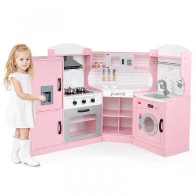 Honeyjou Corner Play Kitchen Toddler Kitchen Playset With Range Hood, Ice Maker, Microwave Pink