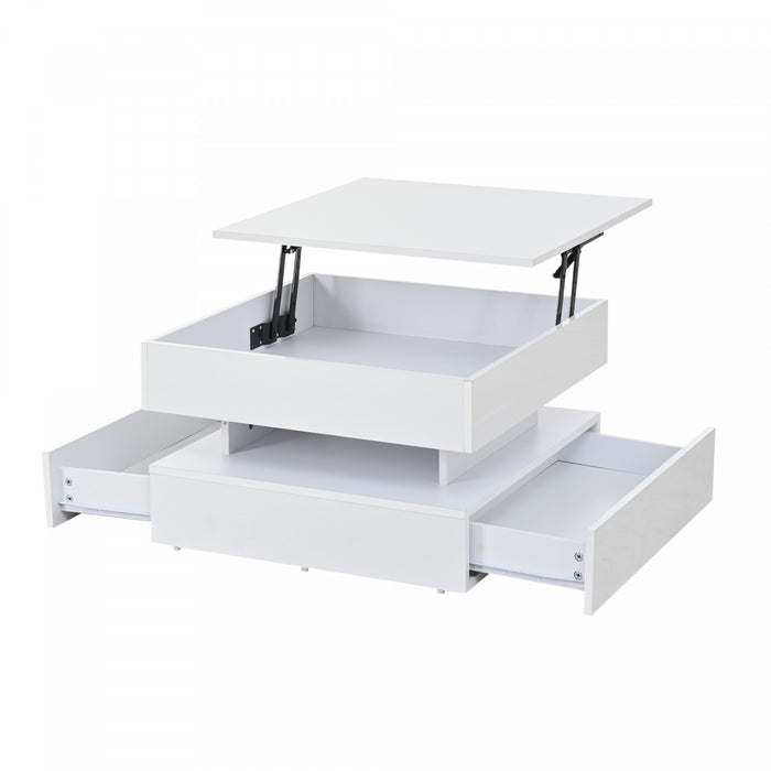 Lumina 25.5 Inch Square Lift-Top Coffee Table with LED Lights and Dual Drawers, White