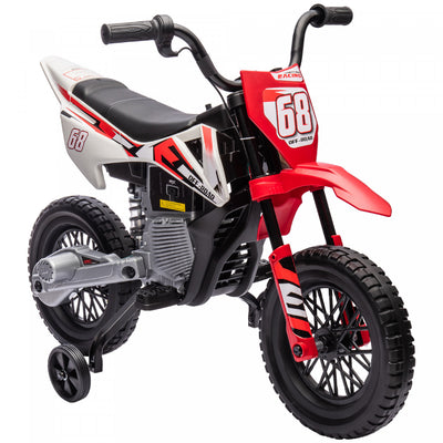 Qaba Kids Dirt Bike with Twist Grip Throttle, 12V Electric Motorcycle, Electric Bike with Training Wheels, Spring Suspension & Music, for Toddler 3-6 Years, Red