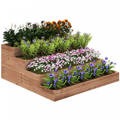 Outsunny 4-Tier Raised Bed, Wooden Planter Box with Liner, Dark Brown