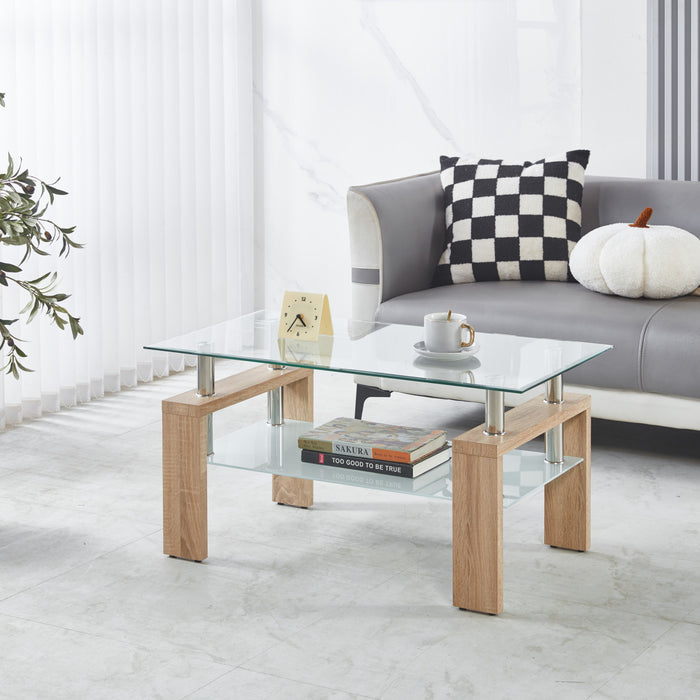 Lucius Modern Geometric Design Tempered Glass Coffee Tablewith Metal Frame and Clear Glass,Natural