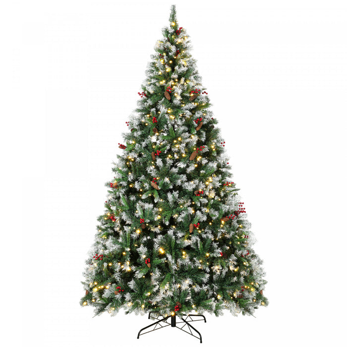 HOMCOM 9ft Flocked Prelit Christmas Tree Spruce, Dual Colour LEDs, Remote
