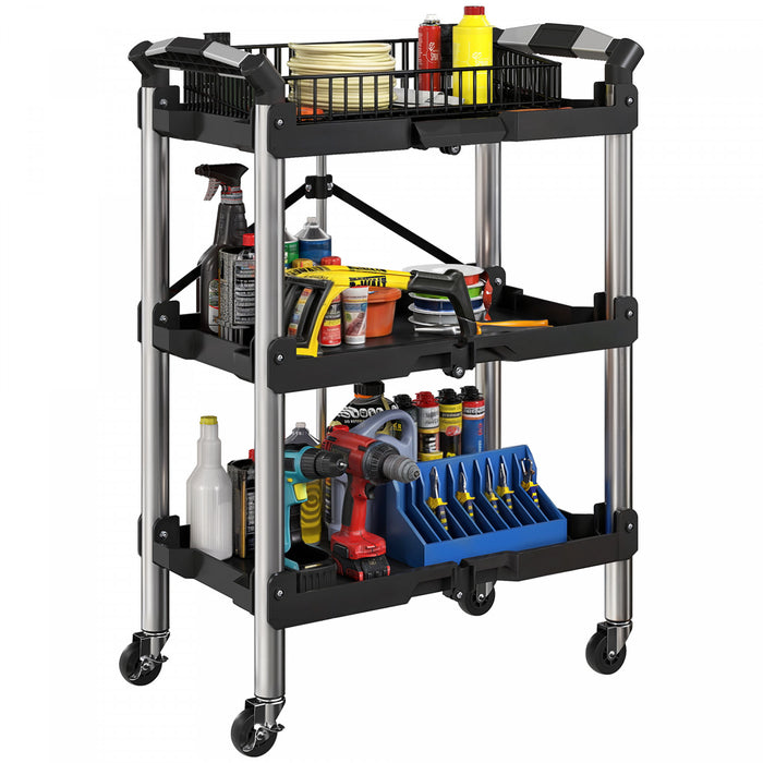 Homcom 3-tier Collapsible Tool Cart With Wheels, Folding Utility Cart Black