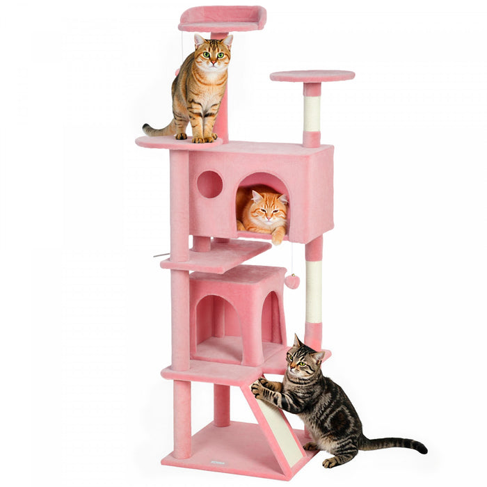PawHut 63\" Cat Tree, Cat Tower for Indoor Cats with Scratching Posts, Cat Condos, Bed, Platforms, Ramp, Toy Ball, Cat Activity Center, Pink