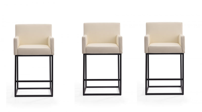 Ambassador Mid-Century Modern Metal Upholstered Counter Stool in Cream - Set of 3 Bar Stool