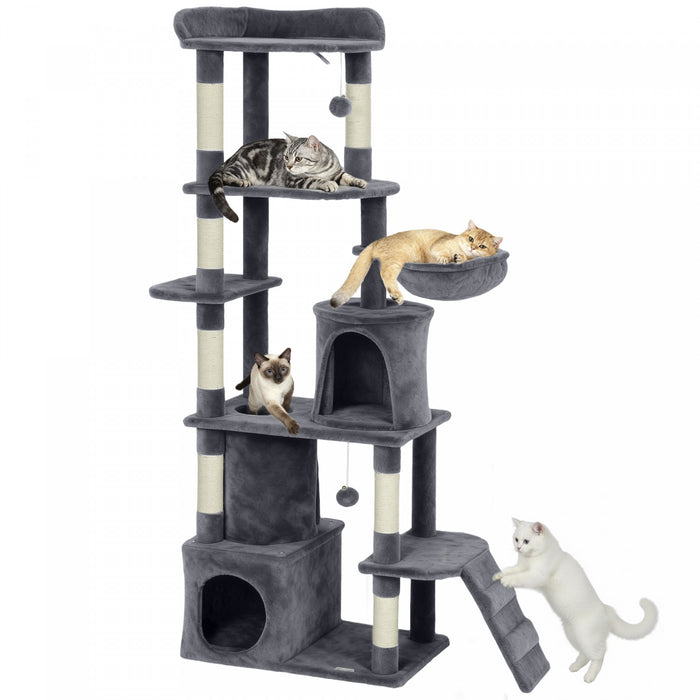 PawHut Cat Tree, 67\" Large Cat Tower for Indoor Kittens Multi-Level with 7 Scratching Posts, Tunnel, 2 Plush Condos, Hammock, Perch, Ramp, Pompoms, Dark Grey