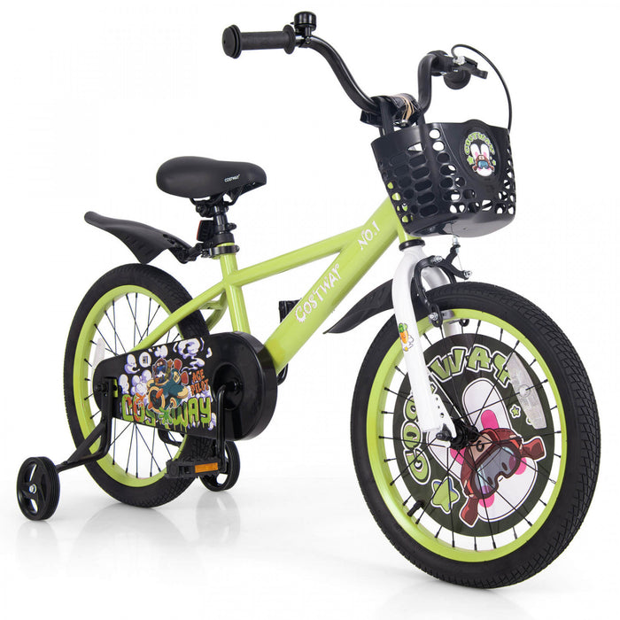 Costway 18\" Kid's Bike For 4-8 With Height-adjustable Handlebar & Saddle Handbrake Green