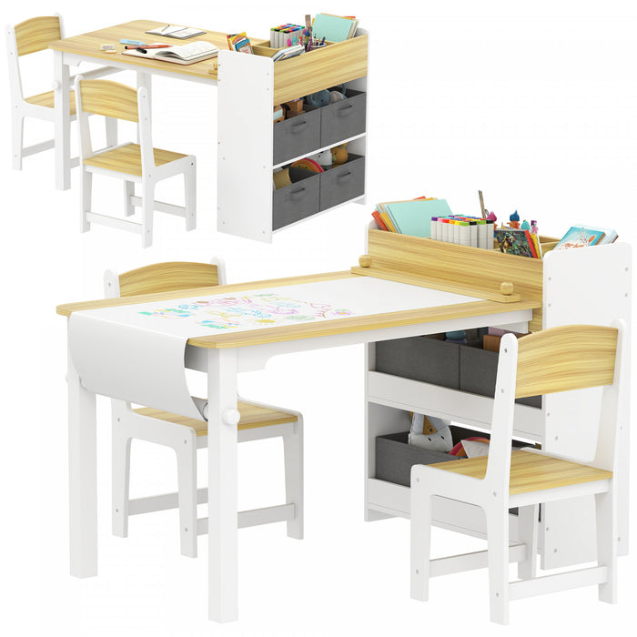 Qaba Kids Table And Chair Set With Paper Roll, Toddler Table And Chair Set With Storage Shelves And Drawers, Art Craft Table For Drawing Writing Aged 3-8 Years, Natural Wood