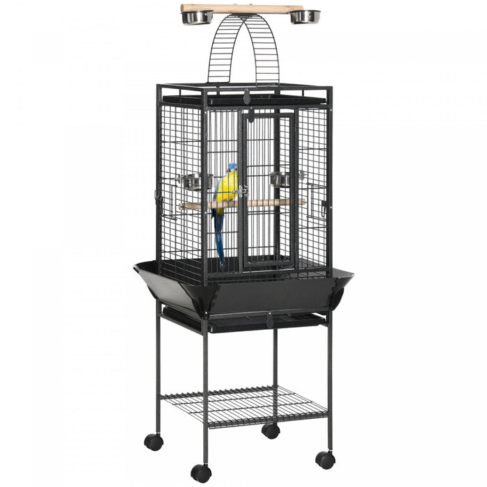 Pawhut 61.5 Inch Bird Cage Parakeet House For Cockatiel With Stand, Pull Out Tray, Play Top, Storage Shelf, Wood Perch, Food Container