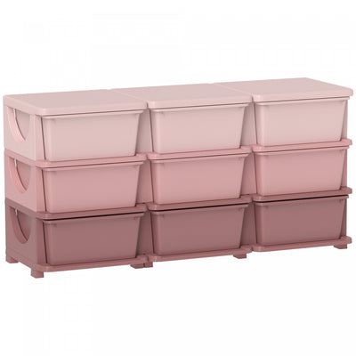 Qaba Kids Toy Storage Organizer With 9 Plastic Bins, 3 Tier Drawer Chest Utility For Kids Bedroom Nursery Kindergarten Living Room For Boys Girls Toddlers, Pink
