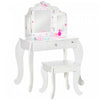 Qaba Kids Vanity Table & Stool Girls Dressing Set Make Up Desk With Tri-folding Mirrors Drawer Star & Heart Pattern White