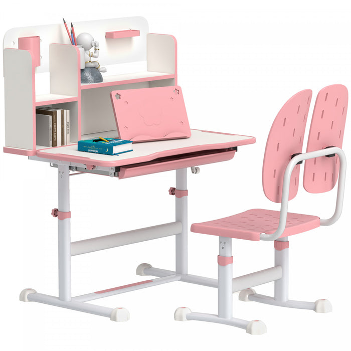 Qaba Kids Desk And Chair Set, Adjustable Height Kids Study Table And Chair With Tilt Desktop, Drawer, Reading Rack, Pen Holder, Square Slot, For Ages 3-12 Years, Pink