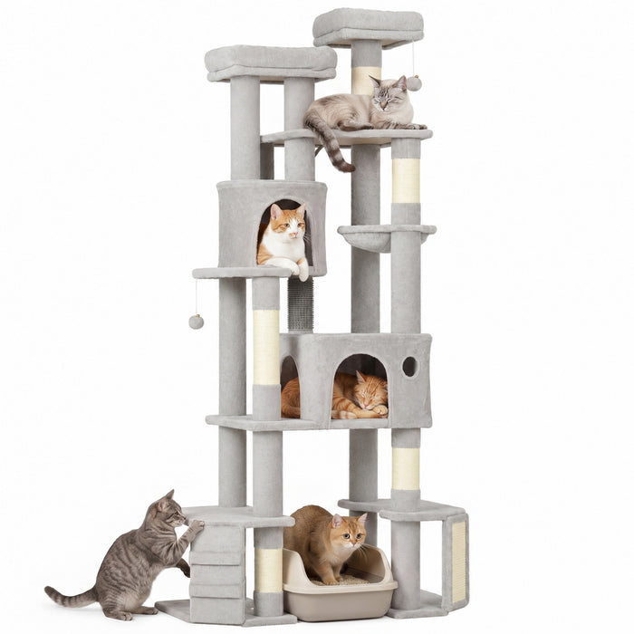 PawHut 79\" Tall Cat Tree for Indoor Large Cats Adult, Multi-Level Kitty Tower Split Baseboard, 2 Condos, 2 Beds, 5 Sisal Scratching Posts, Hammock, Self-Grooming Brush
