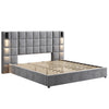 Ethan Velvet Platform Bed with Grid Headboard and USB Ports,Queen Size - Grey | Lit Ethan en Velours a Plateforme avec Tete de Lit a Motif Grille et Ports USB, Taille Queen - Gris
