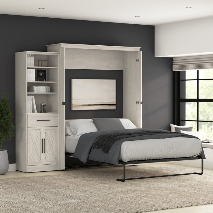 Bestar Key West Queen Murphy Bed & Closet Organizer with Drawer & Doors (94 W) - Linen White Oak