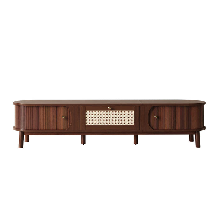 Rustic 67 Inch TV Cabinet with Rattan Sliding Doors and Drawers, Wood