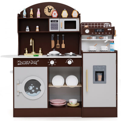 Honeyjoy Kids Kitchen Set Wooden Kitchen Playset With Clock, Microwave, Sink, Dish Rack Brown