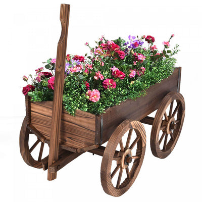 Costway Wood Wagon Flower Planter Pot Stand W/wheels Home Garden Outdoor Decor
