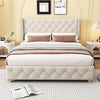 Haley Linen Upholstered Platform Bed with Classic Wingback Headboard and Diamond Tufted Upholstery,Full Size,Beige Full Bed  | Lit plateforme en lin Haley avec tete de lit a ailes classiques et capitonnage en diamant, taille Full, beige