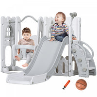 Qaba 6-in-1 Slide And Swing Set With Basketball Hoop, Climber, Baby Swing Set Indoor Playground With