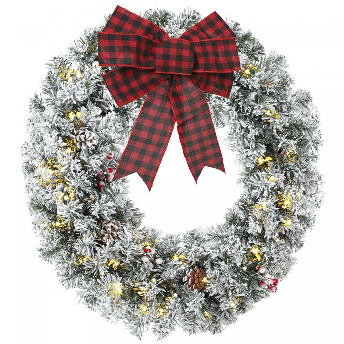 HOMCOM 24 Inch Pre-Lit Christmas Wreath, Flocked Winter Wreath, Green