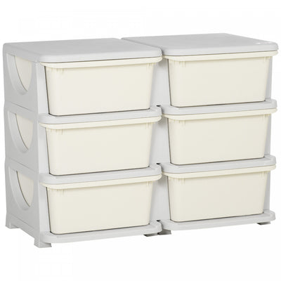 Qaba Kids Toy Storage Organizer With 6 Plastic Bins, 3 Tier Drawer Chest Utility For Kids Bedroom Nursery Kindergarten Living Room For Boys Girls Toddlers, Cream White