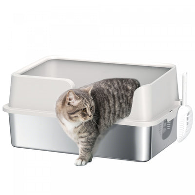 Pawhut Stainless Steel Cat Litter Box With Lid, Metal Extra Large Enclosed Litter Box For Big Cats With Scoop, High Sided, Non-stick & Anti-urine Leakage, Easy Cleaning