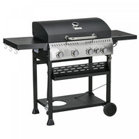Outsunny Propane Gas Grill with 4 Main Burners, 1 Side Burner, 40,000 BTU Outdoor BBQ Grill Cart with Wheels, Warming Rack, Shelves, Thermometer, Bottle Opener, Black