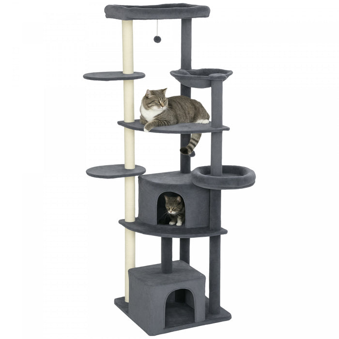 PawHut 79 Inch Cat Tree, Extra Tall Large Cat Tower with Scratching Posts, 2 Perches, 2 Caves, Large Hammock, Pompoms, Multi-Level Plush Kitty Condo for Multiple Indoor Kittens