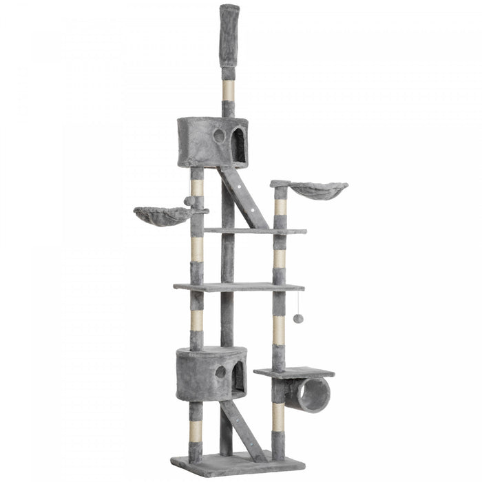 Pawhut 94\"-102\" Huge Cat Tree Ceiling High Cat Condo Scratching Post Activity Center Multi-level Play House Light Grey